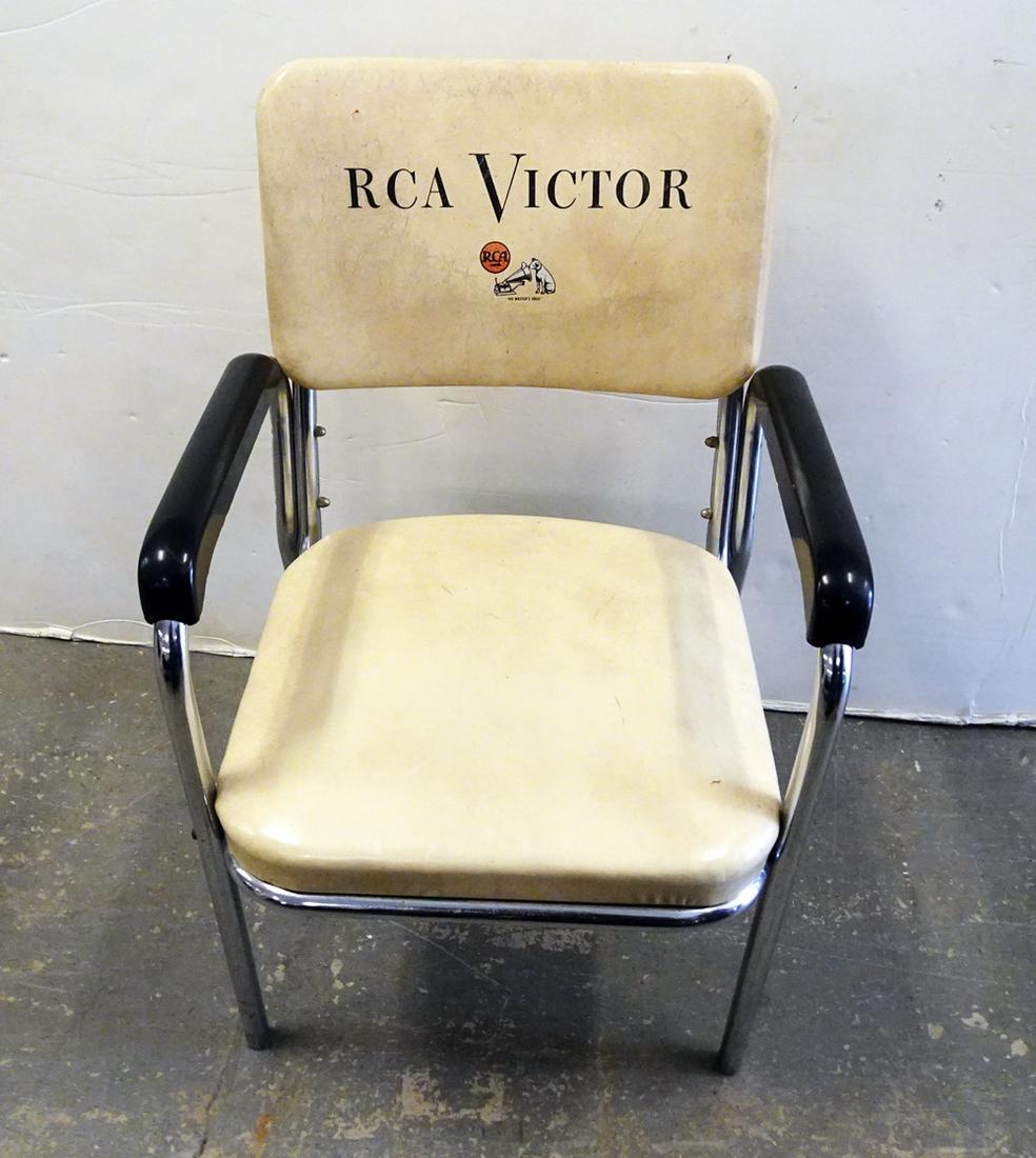 Chromecraft RCA Victor Arm Chair: Chromecraft RCA Victor vinyl and chrome arm chair, circa 1950's, given to dealers who sold RCA products or their stores, stamped "Trademarks Property of Radio Corporation of America" on underside of t