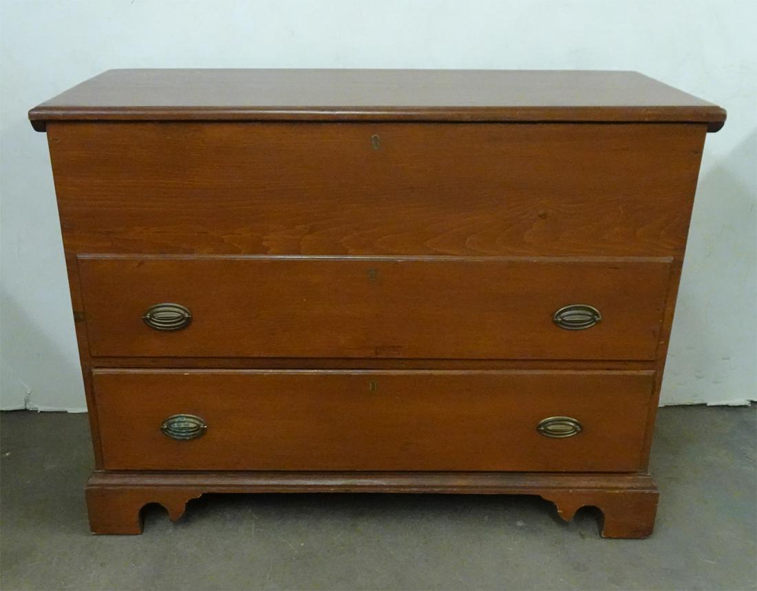 Antique Softwood Blanket Chest: Antique softwood blanket chest, faux drawer above real drawer, bracket feet, 19th c., 33" (height) x 43" (length) x 19" (width)