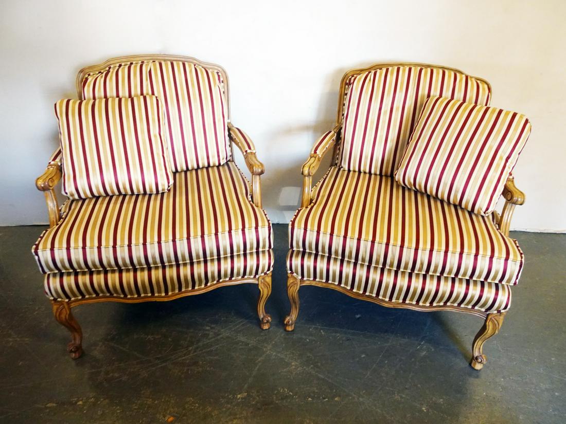 Fairfield Louis XV Style Bergere Chairs: Pair of Fairfield Chair Company Louis XV style upholstered Bergere Chairs, contemporary 20th c., both have Fairfield Since 1921 labels under seat cushion, 34 1/2" (height) x 20 1/2" (length) x 26" (wi