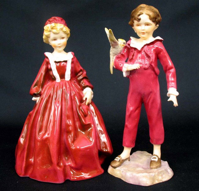 Two Royal Worcester figurines "Grandmother's Dress: Two Royal Worcester figurines "Grandmother's Dress" modelled by F.C. Doughty 6 1/4" high, and "Parakeet" Modelled by F.C. Doughty 6 1/2" high, both marked on bottom