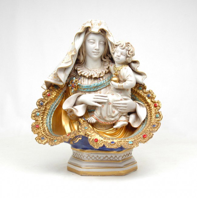 Madonna and Child, gilt enameled and hand painted: Madonna and Child, gilt enameled and hand painted redware, signed and numbered on bottom L. Landi Italy, 1608/27, 14" high