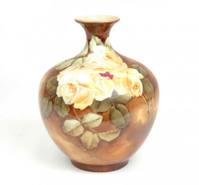 Vienna hand painted vase, rose motif, artist signe: Vienna hand painted vase, rose motif, artist signed Lechner on side of vase, marked "Vienna hand painted China. Burnished Gold" and numbered 3636, 267, 7 1/2" high x 6" across, late 19th to early 20th