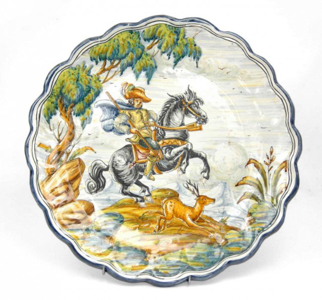 Italian Faience charger, hunting scene, scalloped: Italian Faience charger, hunting scene, scalloped rim, marked on back, 16" diameter, 20th C.