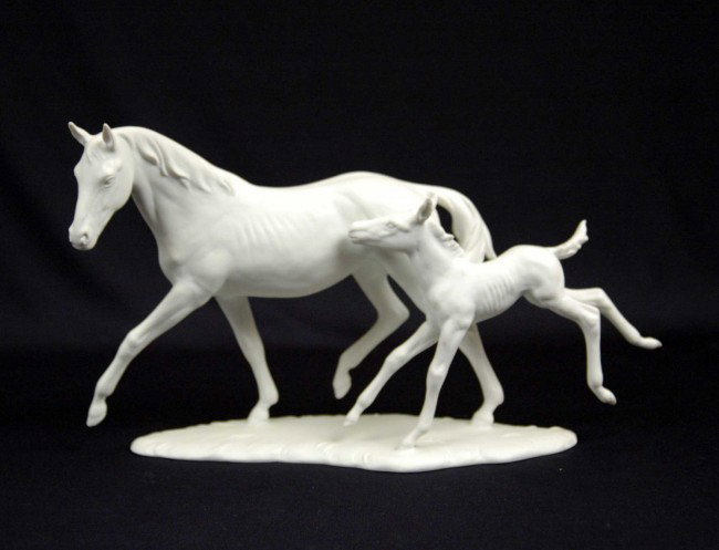 Kaiser grouping, horse and colt, impressed #403, b: Kaiser grouping, horse and colt, impressed #403, blue mark on bottom, signed on base, 7 1/2" high x 13" across x 4" diameter, mid to late 20th C.