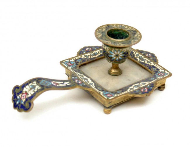 Champleve bronze chamberstick, 3" high x 7" x 4 1/: Champleve bronze chamberstick, 3" high x 7" x 4 1/2", late 19th to early 20th C.