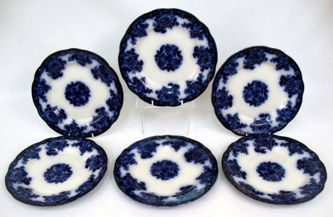 Set of six flow blue semi porcelain plates "Waldor: Set of six flow blue semi porcelain plates "Waldorf" by New Wharf Pottery Company England, 9" diameter, early 20th C.
