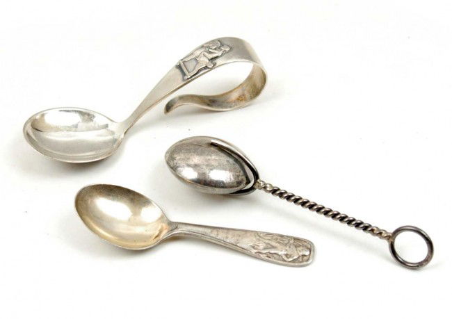 Three sterling baby pieces, including Wallace Silv: Three sterling baby pieces, including Wallace Silversmiths baby spoon with nursery rhyme 3 3/4"; Cohr Denmark baby spoon depicting child on hobby horse on handle 4"; and a Web sterling baby rattle 4 1