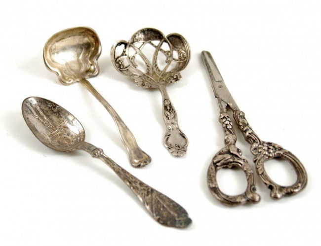Sterling silver grouping, including Wallace Silver: Sterling silver grouping, including Wallace Silversmiths "Violet" bonbon server 1904, sauce ladle (unknown mark) 5 1/4", Reed & Barton birth spoon June 1916 Philadelphia 5 3/4", and a pair of German g