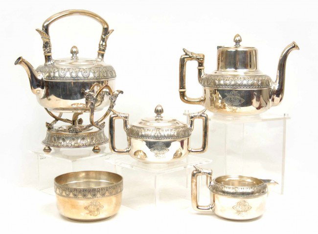Gorham & Co. Aesthetic Movement silver plated tea : Gorham & Co. Aesthetic Movement silver plated tea service, initialed, including teapot, swing kettle on stand 11" high, creamer, sugar, and waste, late 19th to early 20th C.