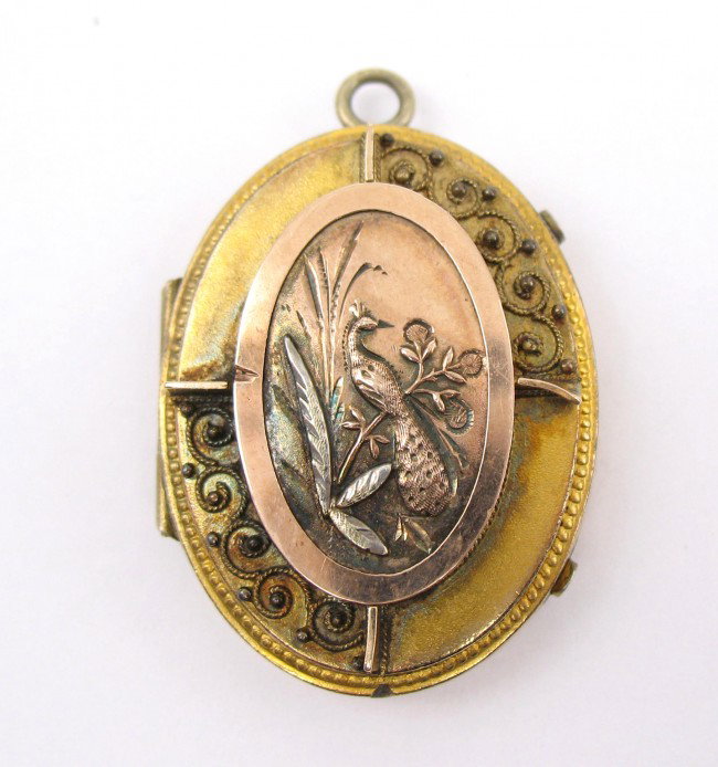 Victorian gold filled locket, yellow and rose gold: Victorian gold filled locket, yellow and rose gold, peacock motif, monogrammed initials on reverse, includes photos, mid 19th C.