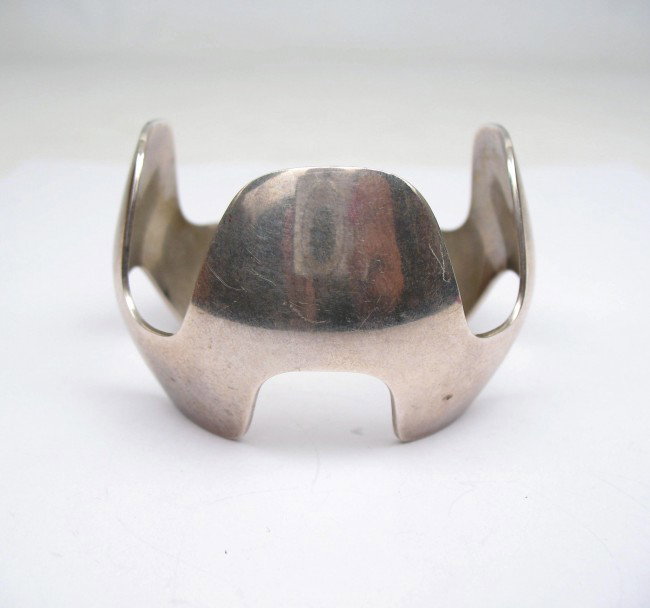 Georg Jensen sterling silver cuff bracelet, modern: Georg Jensen sterling silver cuff bracelet, modern geometric design, 8" long x 1 3/4" wide, marked Georg Jensen 925 S Denmark 167, weight 60.8 grams, mid 20th C.