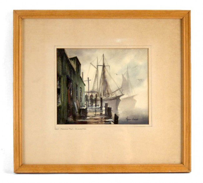 John (Cuthbert) Hare watercolor "Early Morning Mis: John (Cuthbert) Hare watercolor "Early Morning Mist-Gloucester", signed lower right, image size 7" x 8 1/4", frame size 14 3/4" x 15 3/4", 20th C. American