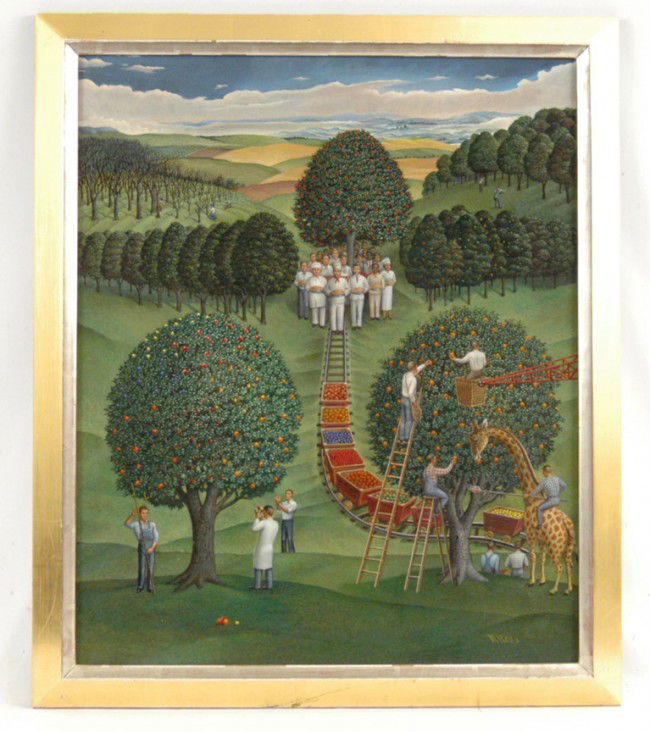 R. (Richard) Hess oil on canvas "The Orchard" sign: R. (Richard) Hess oil on canvas "The Orchard" signed lower right, image size 24" x 20", frame size 27" x 23", no visible defects