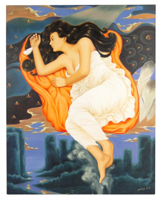 School of Yiming Chen oil on canvas "Dream", signe: School of Yiming Chen oil on canvas "Dream", signed lower right and dated '97, image size 39" x 31 1/2", unframed, name, title and date on reverse