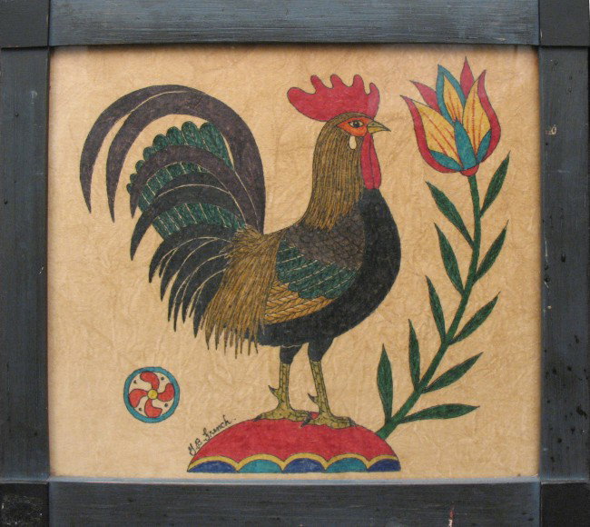 G. (Garnett) B. French oil on cloth theorem, roost: G. (Garnett) B. French oil on cloth theorem, rooster with tulip, signed lower left, image size 10 3/4" x 12 1/4", frame size 13 1/4" x 14 3/4"