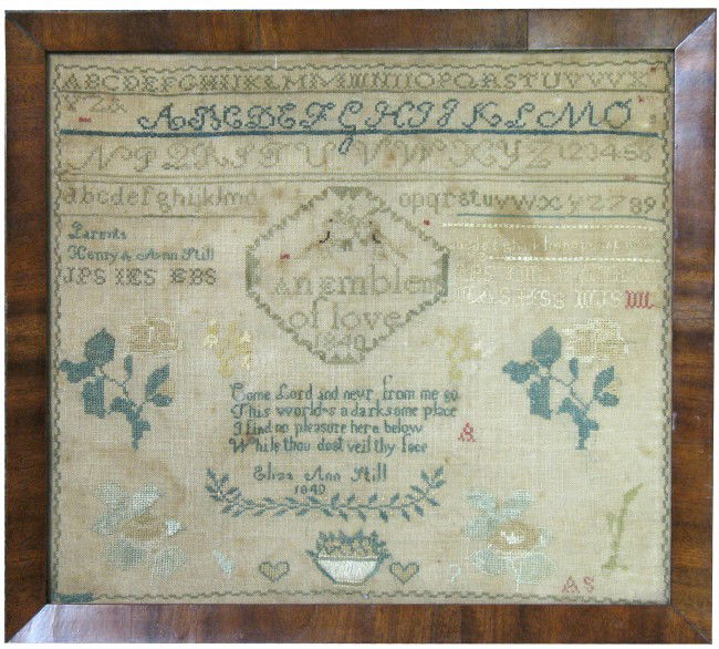 Needlepoint sampler signed Eliza Ann Still, dated: Needlepoint sampler signed Eliza Ann Still, dated 1840, with alphabet, verse and flowers, in walnut frame, frame measures 19 1/4" x 17 3/8", Quaker, from Delaware River Valley, provenance on reverse o