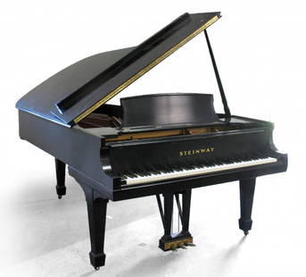 Steinway Grand piano, model B, and stool, ebony fi: Steinway Grand piano, model B, and stool, ebony finish, with original receipts, purchased 1964, Model #374875B, piano measures 38 1/2" high x 57 1/2" across x 6'10 1/2" deep, stool measures 20 1/2" hi