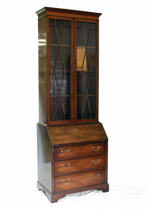 Kittinger Buffalo secretary desk, inlaid mahogany,: Kittinger Buffalo secretary desk, inlaid mahogany, two piece, George III style, branded mark, 20th C., measures 89" high x 30" across x 18 1/2" deep