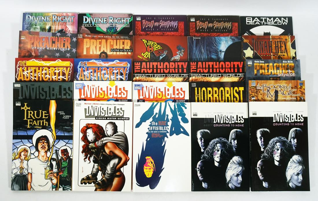 DC Comics TPB Novel Comics Grouping: Twenty-five piece 1991-2014 DC Comics TPB novel comic books grouping, Batman/Deathblow: After The Fire #1, Blood and Shadows #3 and #4, Divine Right The Adventures of Max Faraday #1 and #2, Jonah Hex: