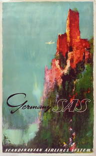 SAS Airlines Travel Poster: Circa 1960's SAS (Scandinavian Airline System) Airlines travel poster, "Germany", Otto Nielsen artist, original printing, notations at lower left corner "Printed in Denmark by Offset Axel Andreasen &