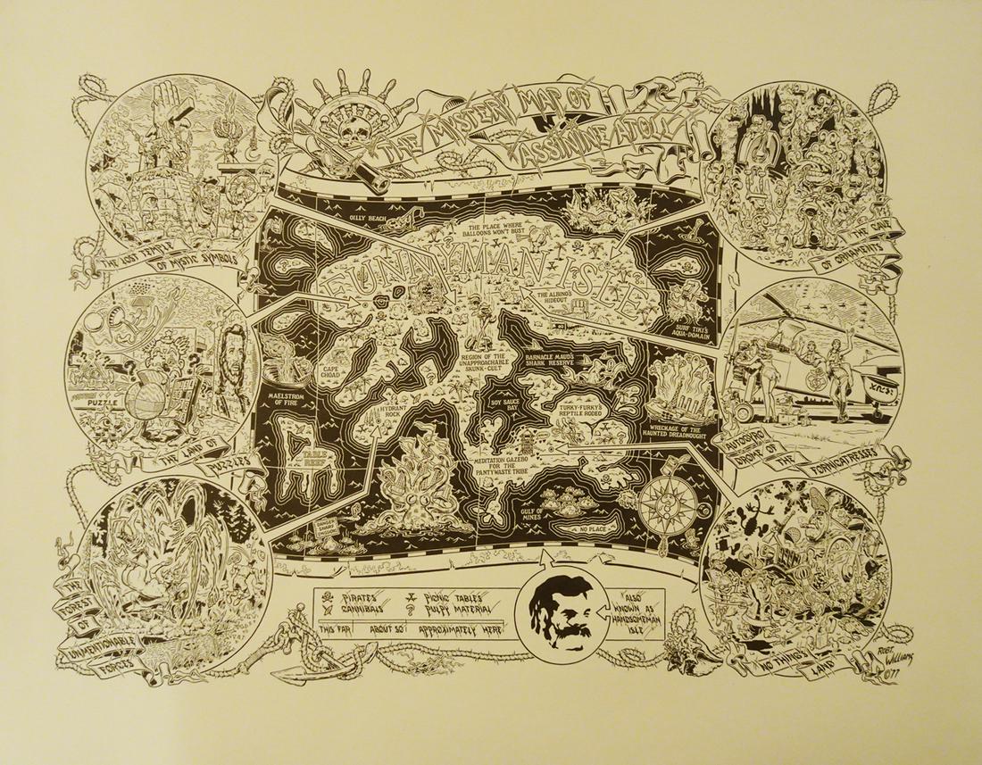 Robert Williams Mystery Map of Assinine Atoll: Two Robert Williams The Mystery Maps of Assinine Atoll, depicts Assinine Atoll dominated by Funnyman Isle, the atoll’s major features include landmarks such as “The Lost Temple of Mystic Symbols,�