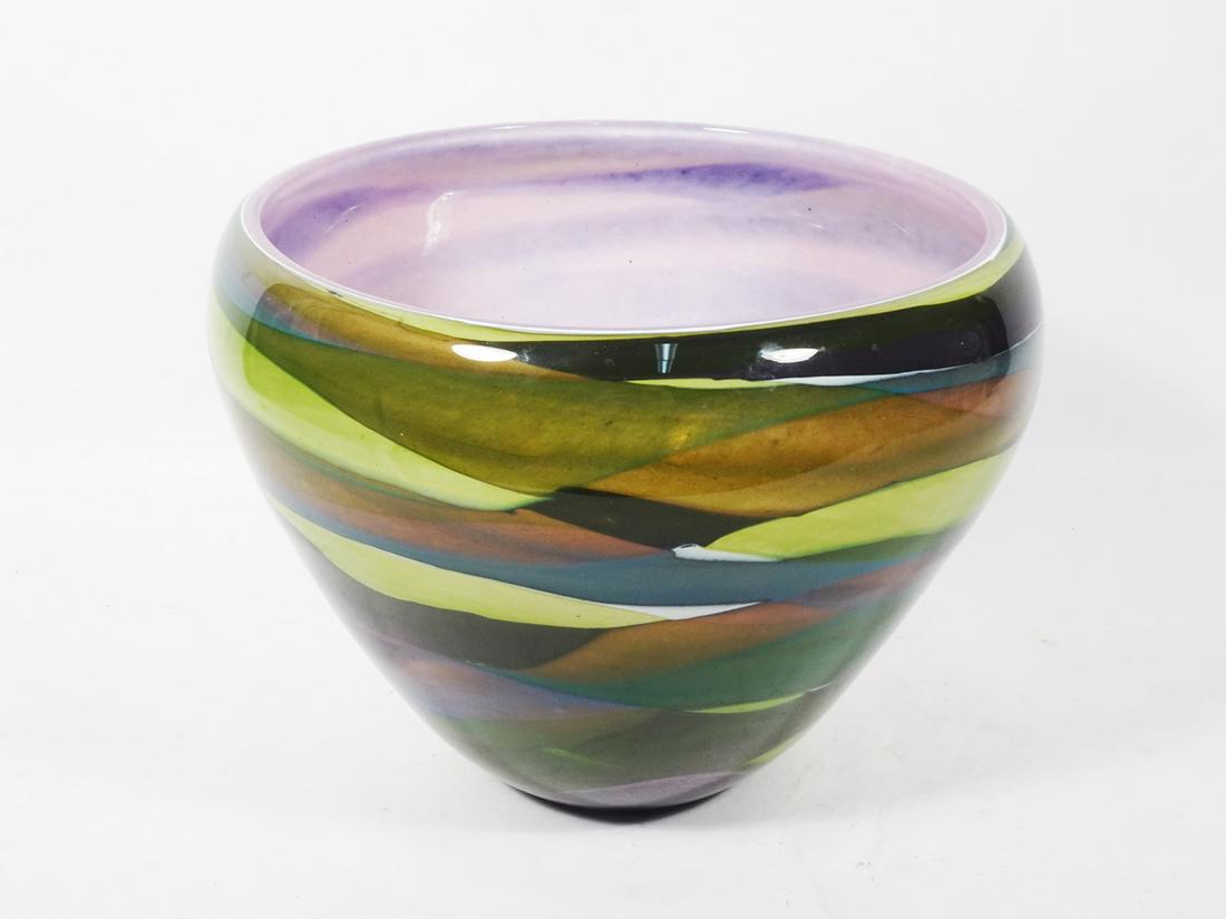Oggetti by Ripell Art Glass Vase: Oggetti by Ripell art glass vase, opalescent cased with multi-color design, contemporary 20th c., signed on underside of base "Ripell", 8 1/2" high x 10" diam.