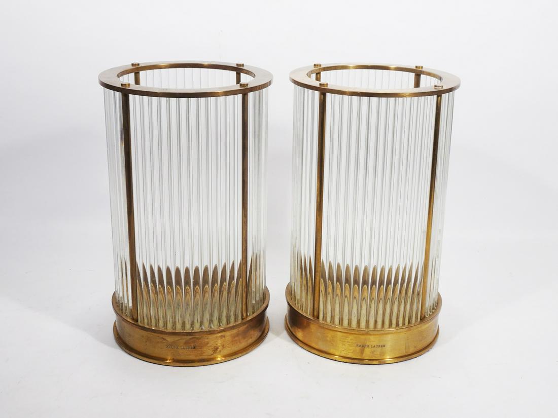 Pair of Ralph Lauren Allen Candle Hurricanes: Pair of Ralph Lauren Allen candle hurricanes, individual crystal glass rods framed in brass, contemporary 21st c., both are marked along base "Ralph Lauren", 10 1/4" high x 6 1/2" diam