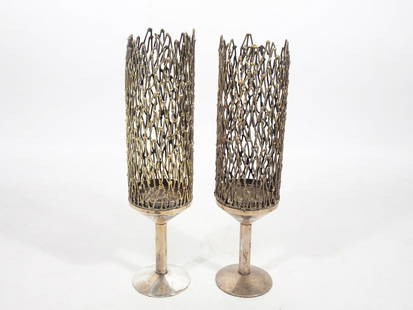 Pair of London English Silver Candlesticks: Pair of London English silver candlesticks, circa 1968 hallmark and date mark, Stuart Devlin makers mark, 4 1/4" high x 2 1/2" candlesticks, 6 1/2" high x 2 1/2" gilt filigree shades, 23.05 ozt..