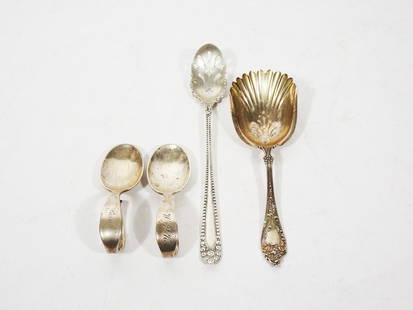 Four Piece Sterling Silver Spoons Grouping: Four piece sterling silver spoons grouping, early to mid 20th c., International Silver Co. Kenilworth pattern 7" olive spoon, Mechanics Sterling Co. (subsidiary of Watson & Newell Co.) Altair pattern