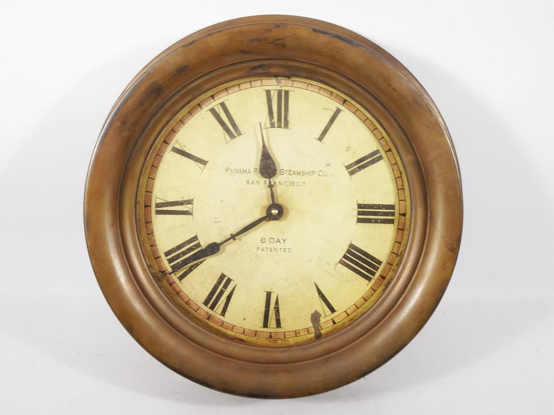 Timeworks Clock Co. Brass Wall Clock: Timeworks Clock Co. brass cased wall clock, metal dial that reads "Panama Pacific Steamship Co. San Francisco 8 Day Patented", verso has silvered metal label that reads "Warranted To Be A Genuine Time