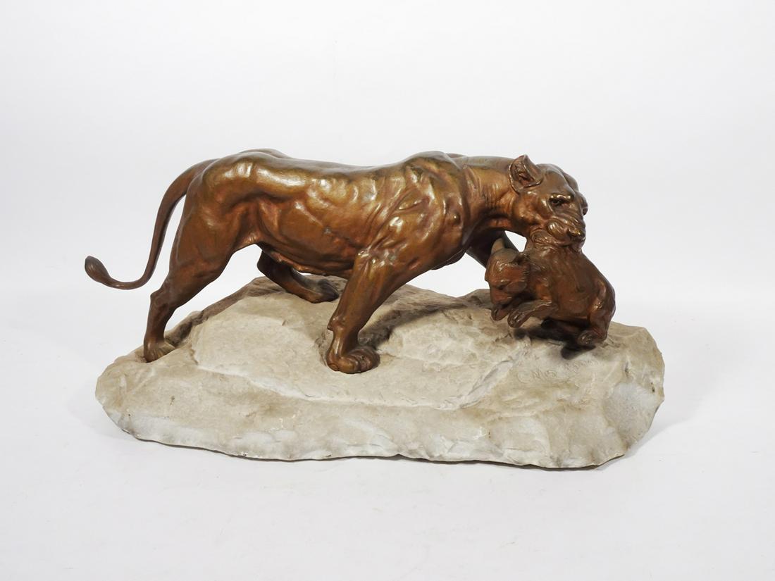 French Bronze Lioness with Cub Sculpture (1 of 2)