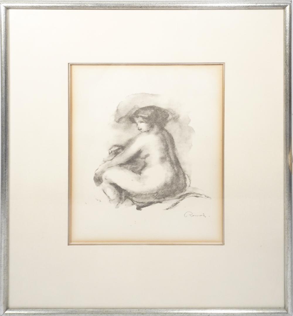 Auguste Renoir original lithograph on wove paper: Auguste Renoir original lithograph on wove paper "Femme Nue, Assise", c. 1904 (Seated Nude), "Etude from L'Album des Douze Lithographies", signed in the stone lower right, sight size 11 1/4" x 8", fra
