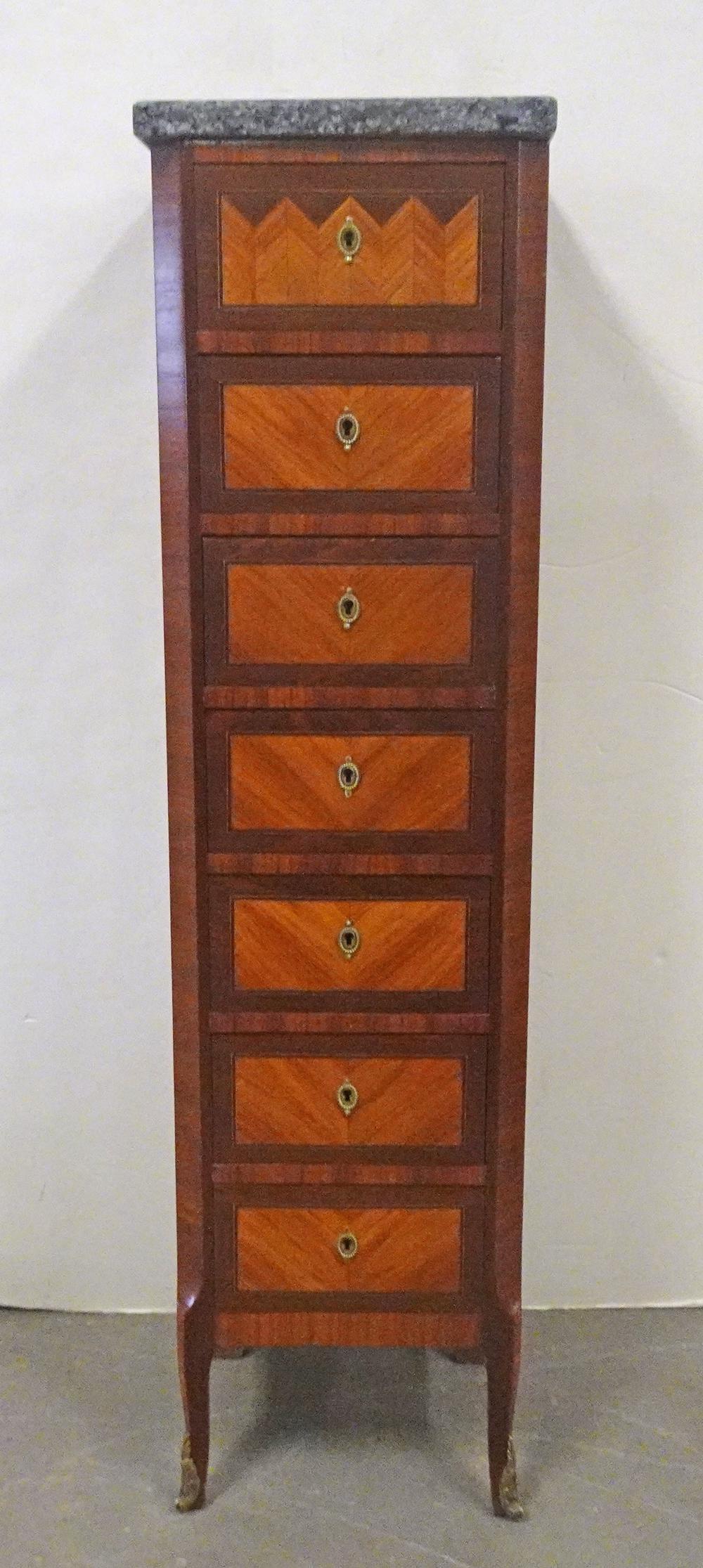 Louis XV Style Lingerie Chest: Louis XV style lingerie chest, seven drawers, bronze ormolu, replaced marble top, 70" high x 36" x 19"