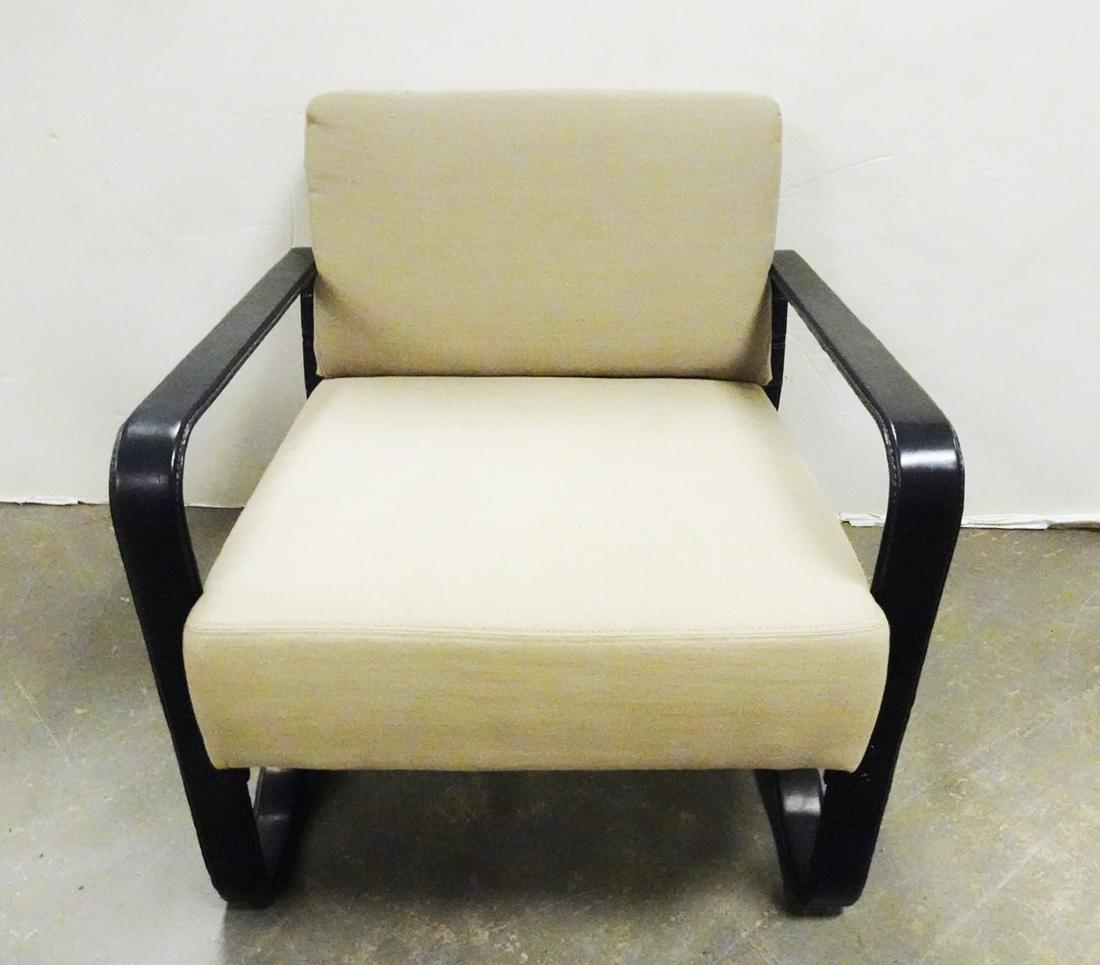 Ralph Lauren Lounge Chair: Ralph Lauren lounge chair, leather strap arms and legs, contemporary 21st c., signed on underside of bottom with "Ralph Lauren Home" label, 46 021962 350 is written on leather strap on underside of bo