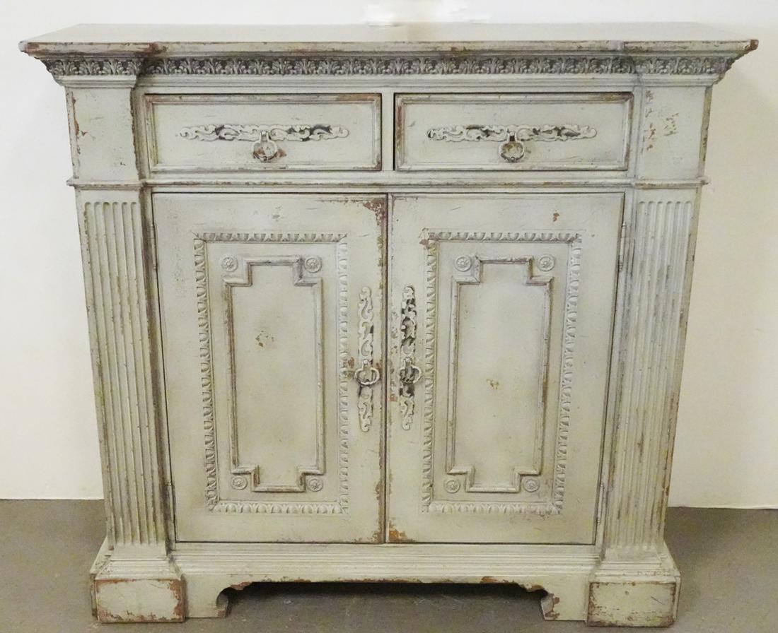 Habersham Biltmore Collection Cabinet: Habersham Furniture Biltmore Collection paint decorated cabinet, two drawers above two paneled doors, acanthus carved cornice above the two drawers, column forms on both sides, 20th c., "Habersham 197