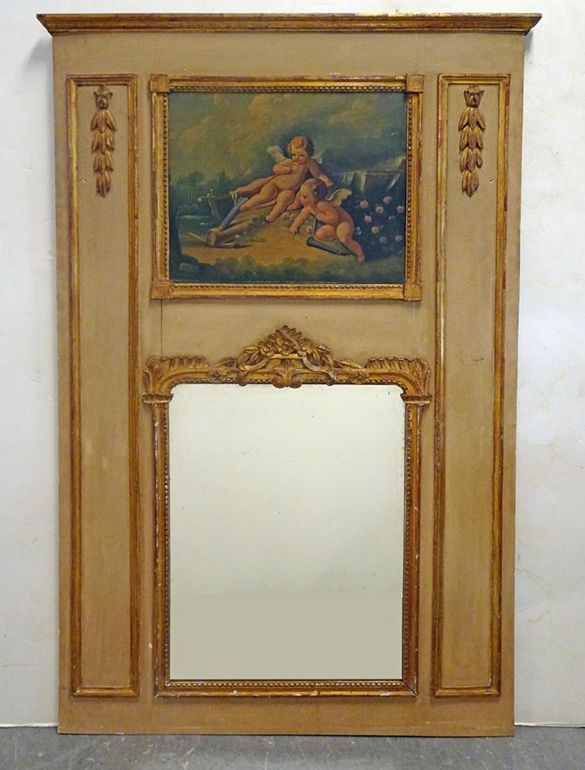 Louis XVI Style Mirror: Louis XVI style mirror, hand painted panel above, 61" high x 39"