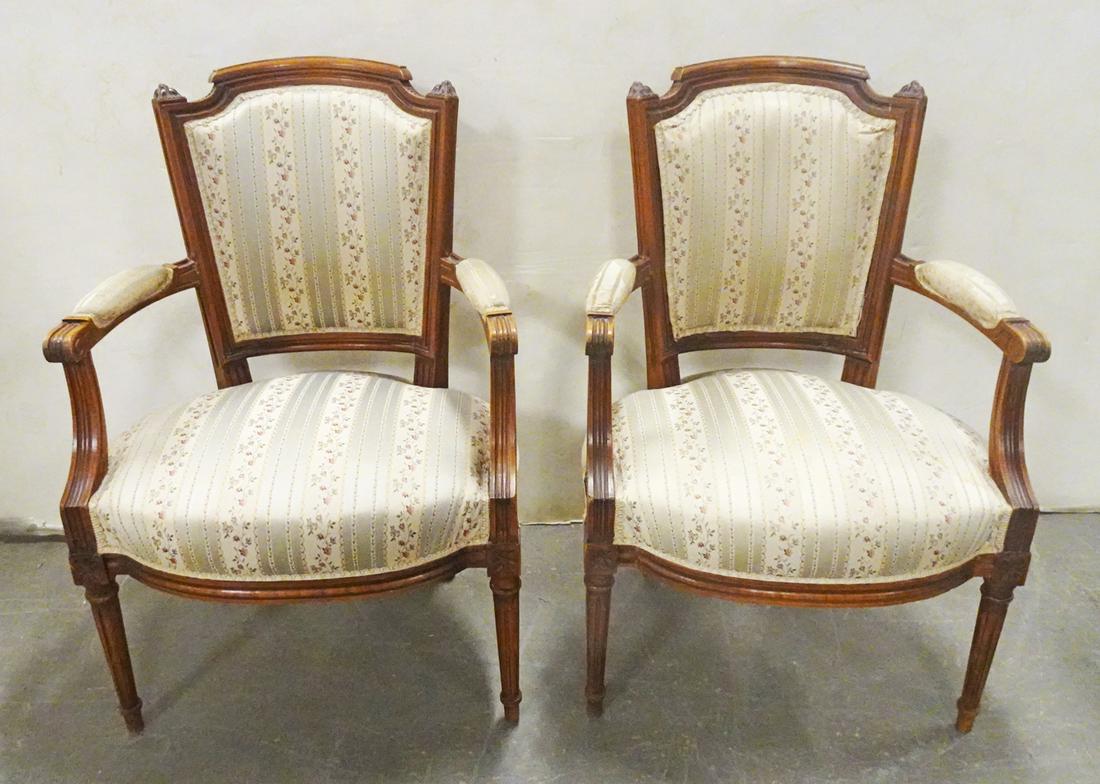 Pair of Louis XVI Fruitwood Armchairs: Pair of Louis XVI fruitwood armchairs, round reeded legs, 34" high x 22" x 20"
