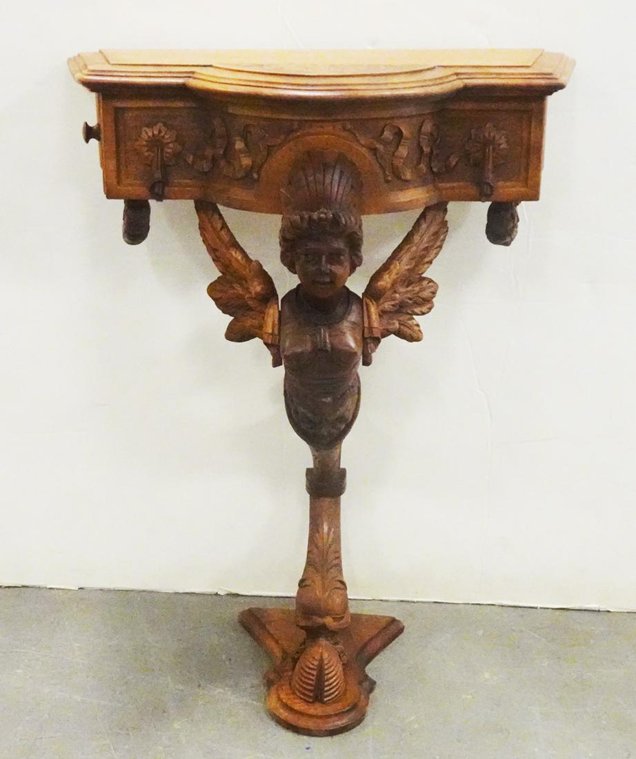 Walnut Stand: Walnut stand with figurehead standard, hoof foot on shaped plateau, one side drawer, 30" high