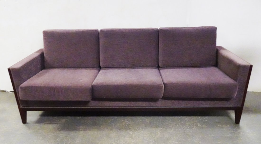 David Edward Co. Sofa: David Edward Co. sofa, walnut frame, brown/maroon color upholstery, David Edward Co. label attached to seat, 27 1/2" high x 82 1/2" x 28"