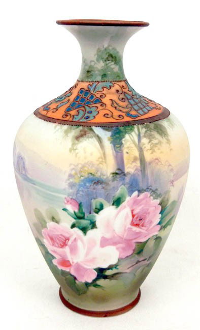 Nippon porcelain vase, hand painted and enameled, g: Nippon porcelain vase, hand painted and enameled, green mark Nippon with M in wreath, 9" high, late 19th C.