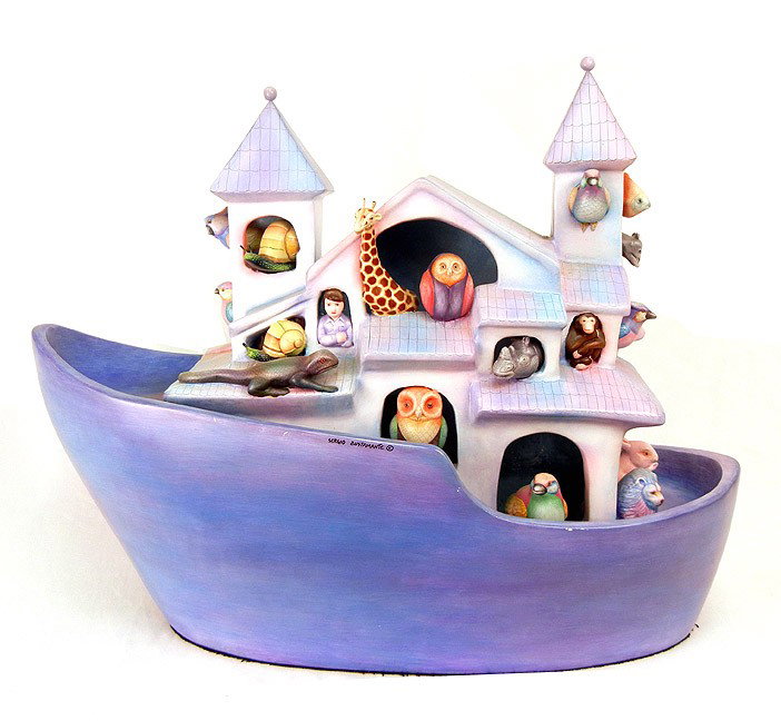 Sergio Bustamante sculpture, "Noah's Ark", signed : Sergio Bustamante ceramic sculpture, "Noah's Ark", signed on left front of ark, late 20th C. approximately 22" x 28"