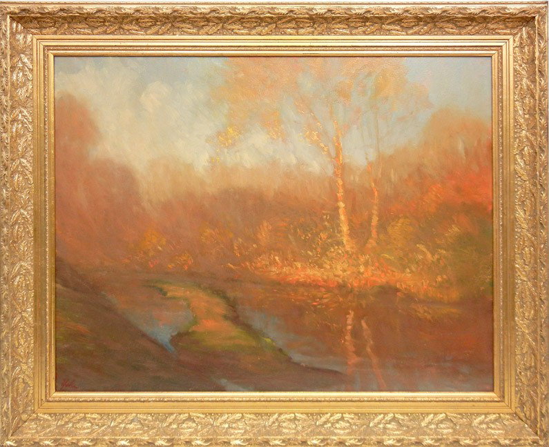 (David) Hahn oil on board, landscape titled "Morni: (David) Hahn oil on board, landscape titled "Morning Glory", signed lower left, 20th C. American, image size 22" x 28", frame size 28 1/2" x 34 1/2", artist's signature and title of painting on revers