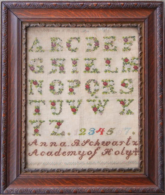Anna B. Schwartz sampler (cross stitch and needlep: Anna B. Schwartz sampler (cross stitch and needlepoint), numbers, letters of the alphabet, name and Academy of Holy (Cross), image size 19 1/2" x 15 1/2", oak frame size 26 1/2" x 22 1/2", late 19th C