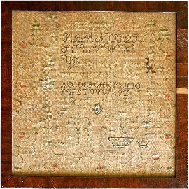Needlework sampler, Mary Magee 1826, with alphabet: Needlework sampler, Mary Magee 1826, with alphabet, numbers and flowers, floral border on three sides, image size 14" square, frame size 16" square