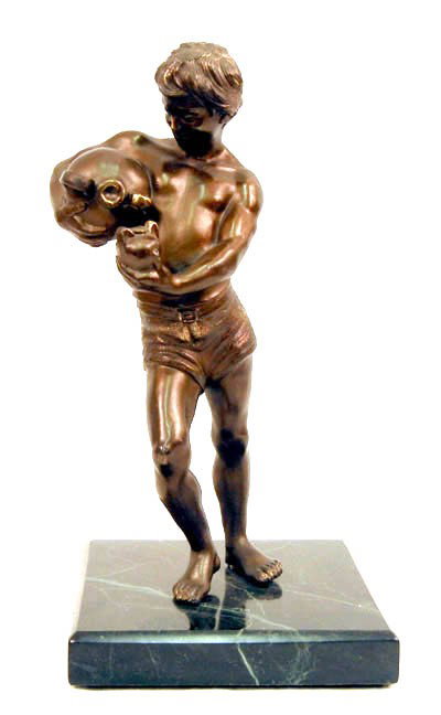 Spelter figural statue of boy with jug, on marble : Spelter figural statue of boy with jug, on marble base, unsigned, 13 1/2" high x 7" x 7