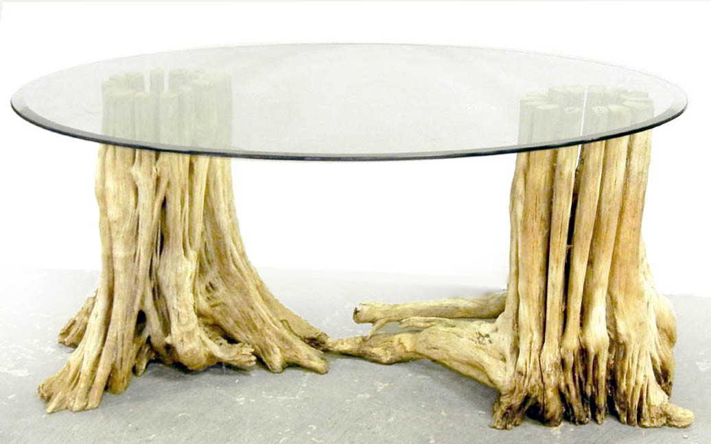 398 Oval glass top dining table with cypress tree stum