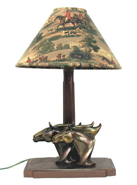 Frankart double horse head lamp with cloth hunt sc: Frankart double horse head lamp with cloth hunt scene shade, marked on back "Frankart Inc. Pat. Appl'd For", 16 1/2" high x 9