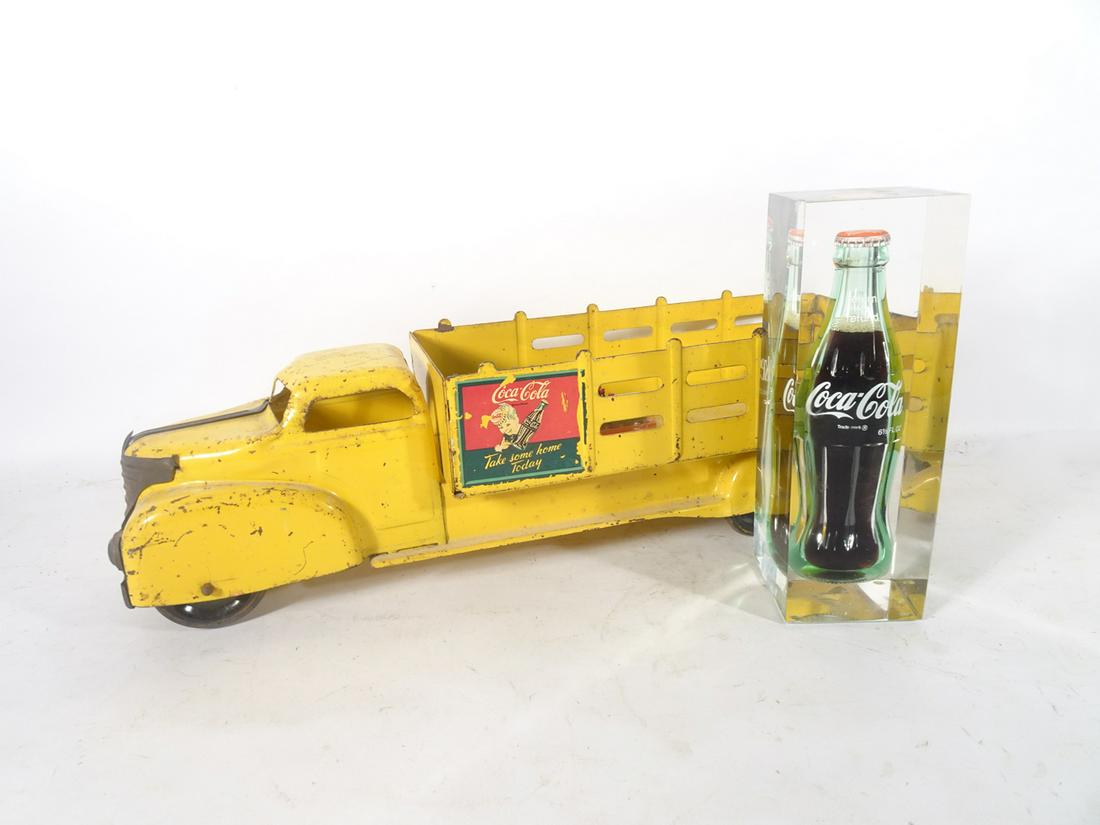 1930's-40's Marx pressed steel 20" Coca-Cola delivery truck and a 2000's Coke bottle in acrylic. (1 of 4)