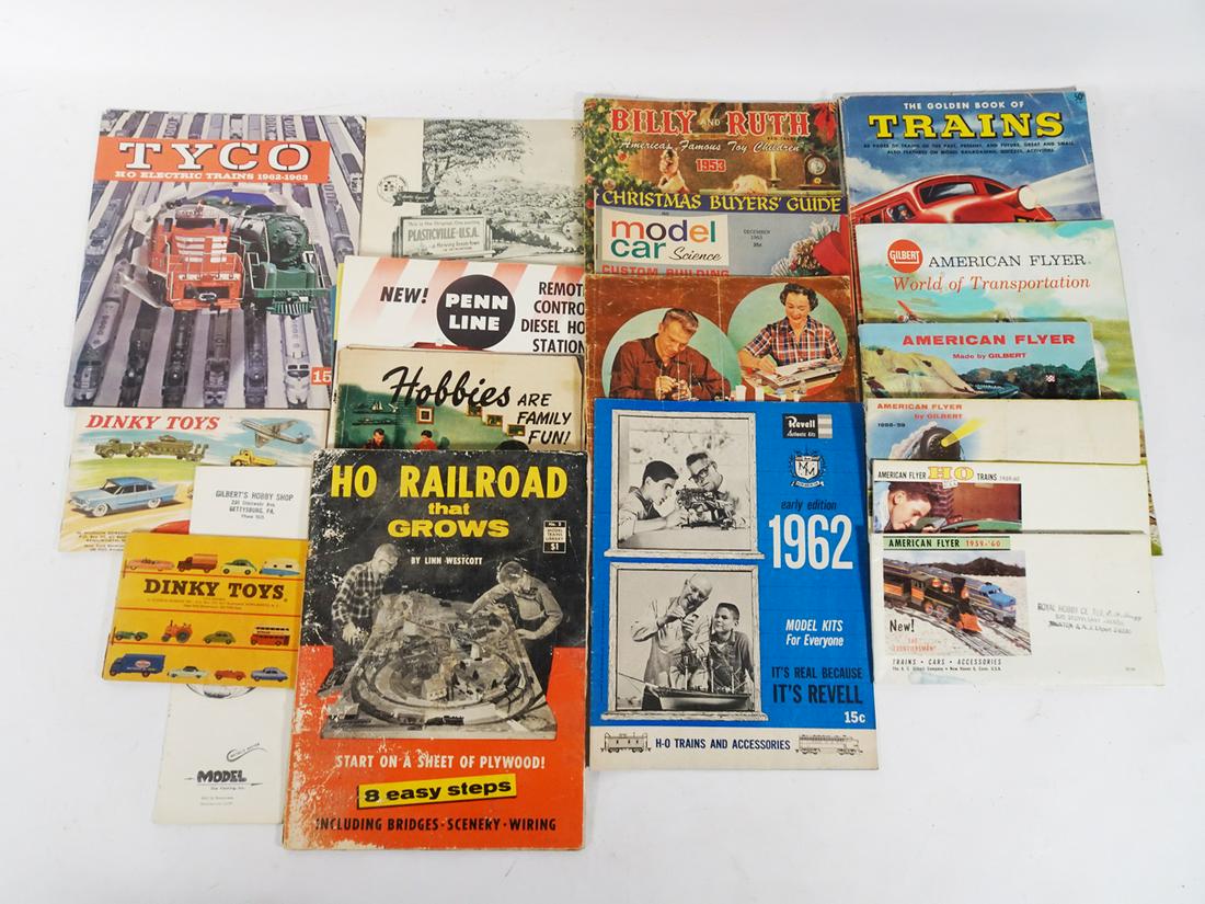 Large lot of assorted toy and train paperwork from the 1950's and 60's.: Large lot of assorted toy and train paperwork from the 1950's and 60's. Two 1950's Dinky toy catalogs, several Gilbert American Flyer catalogs, numerous HO catalogs and paperwork from Penn Line, Revel