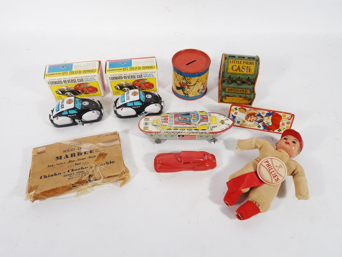 1950's-1970's tin and plastic toy lot with Chinese Checkers marbles. (1 of 4)